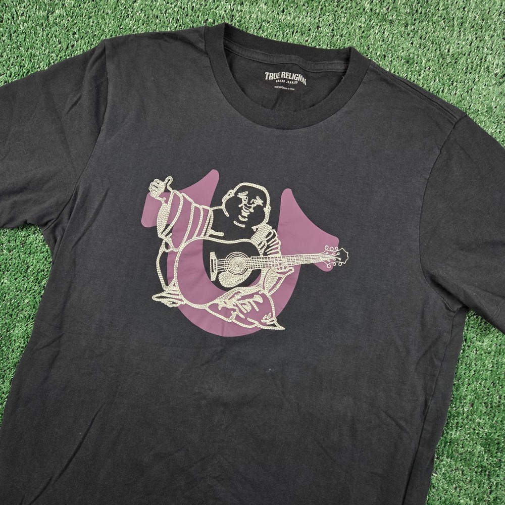 True Religion Mens Buddha Guitar Horseshoe Graphic T-Shirt Black Purple Medium